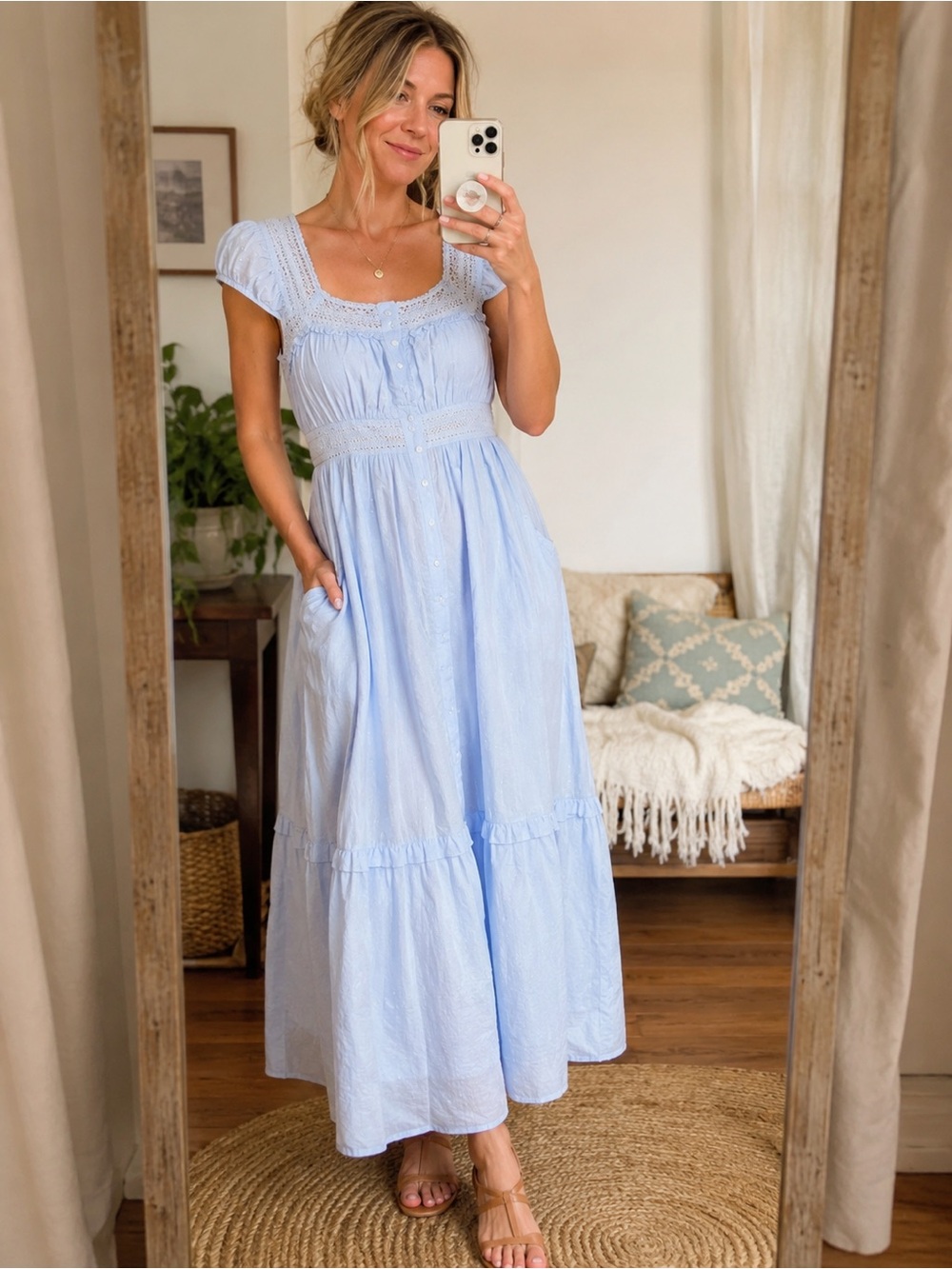 NWT In Loom Blue Lace Cotton Maxi Dress | Boho Cottagecore Vacation Jacket Dress